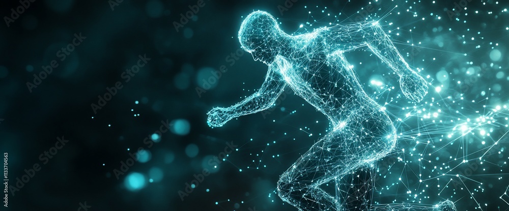 Aufkleber A digital representation of a running figure composed of glowing particles.
