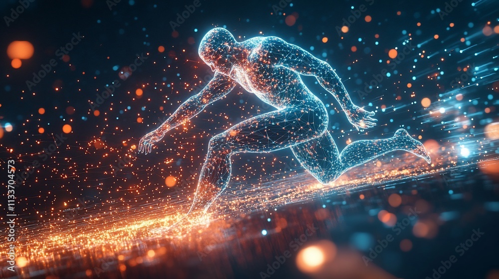 Poster a digital representation of a runner in motion, showcasing speed and energy.