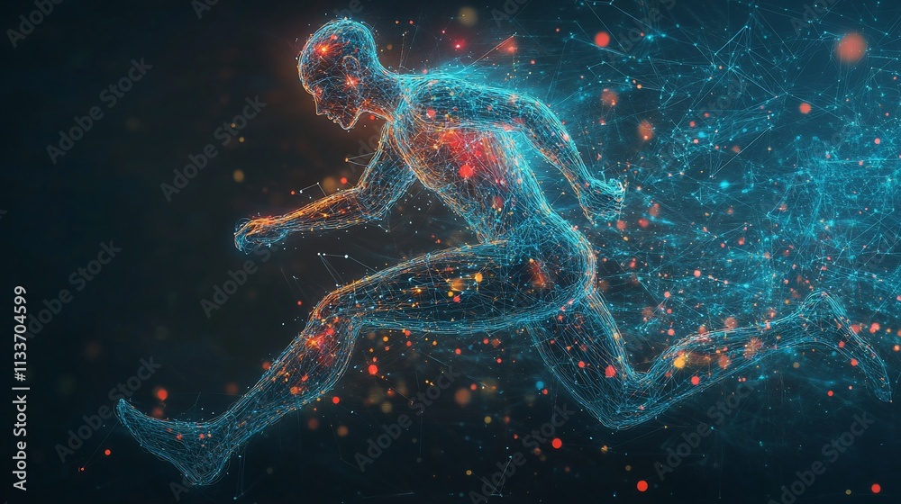 Poster A digital representation of a running figure made of glowing particles.