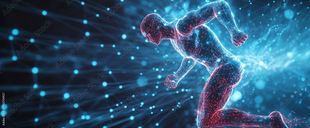Poster A digital representation of a running figure surrounded by glowing particles.