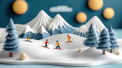 Snowy winter mountain landscape with skiers and snowboarders gliding down the slopes enjoying an adventurous outdoor recreation activity during the cold season