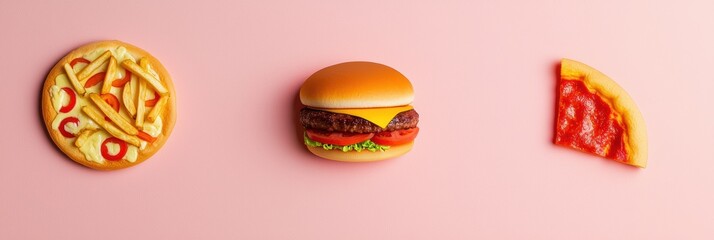 Silhouettes of burgers, pizza slices, and fries are displayed on a soft pink background, showcasing vibrant colors and fun shapes. Generative AI