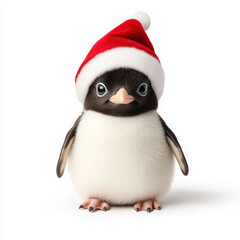 Fototapeta premium A Cute penguin wearing Santa hat on white background, looking festive