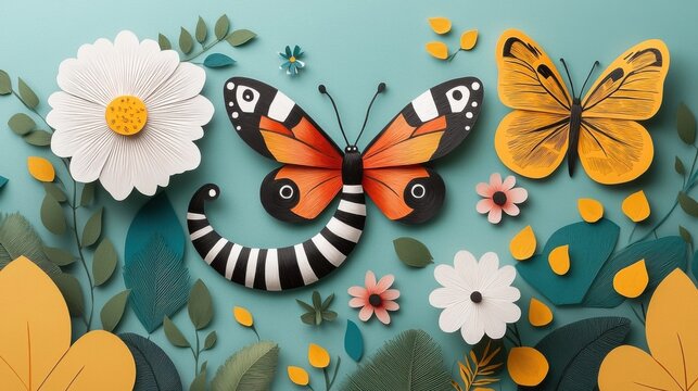 Colorful and Whimsical Paper Craft Featuring Cutout Flowers Leaves and Butterflies Arranged on a Turquoise Background  Handmade Paperwork Origami and Papier mch Elements for DIY Crafting