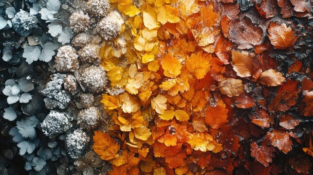 Autumn Leaves and Snow Covered Flowers: A Seasonal Transformation