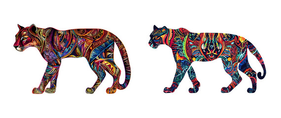 Colorful Artistic Panther Silhouettes on Transparent Background