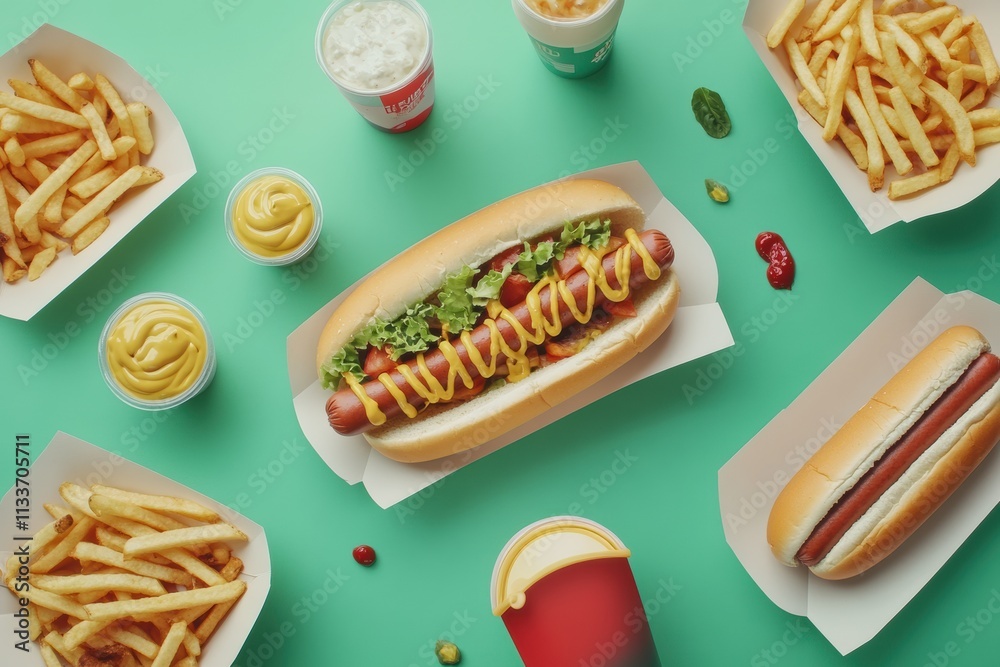Poster a table is filled with assorted fast food items like fries, hot dogs garnished with veggies, and ref