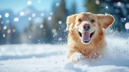 Energetic and happy golden retriever dog running and leaping through a snowy winter landscape with a vibrant and joyful expression on its face