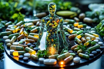 A digital representation of a human figure surrounded by colorful capsules and greens, symbolizing health, wellness, and nutrition.