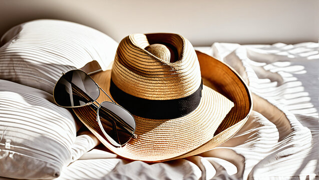 A sunhat and sunglasses bask in sunlight on white sheets, creating the perfect summer atmosphere