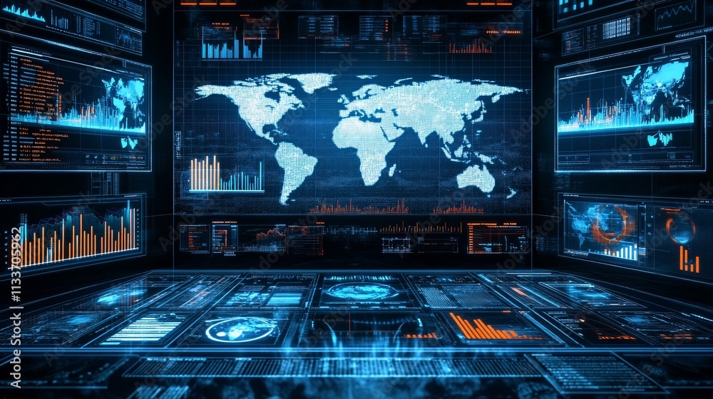 Poster A futuristic data visualization interface displaying global maps and analytics.