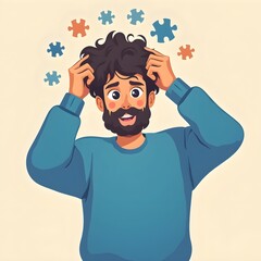Flat lay view of a man in blue sweatshirt taking puzzle pieces out of curly hair. Fun chaos. Man solving puzzle. Illustration