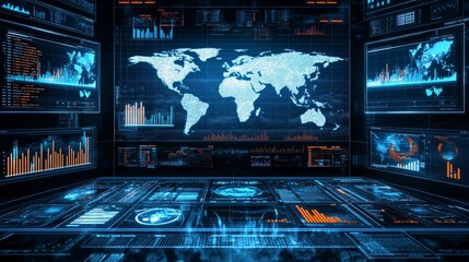 Obraz premium A futuristic data visualization interface displaying global maps and analytics.