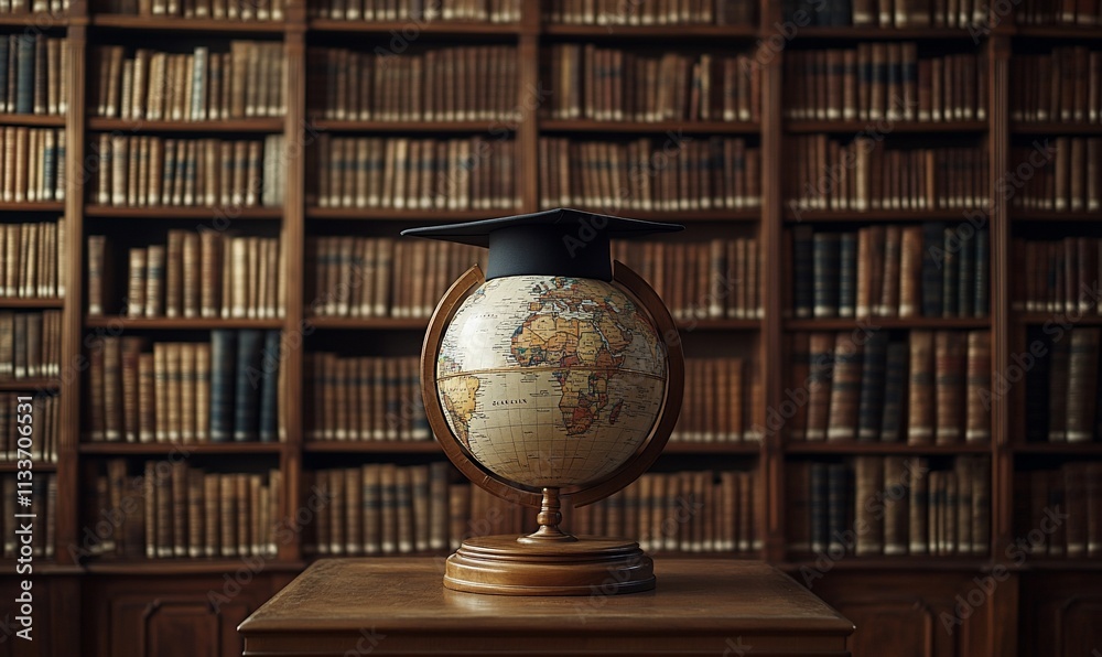 Poster a globe with a graduation cap in a library setting, symbolizing education.