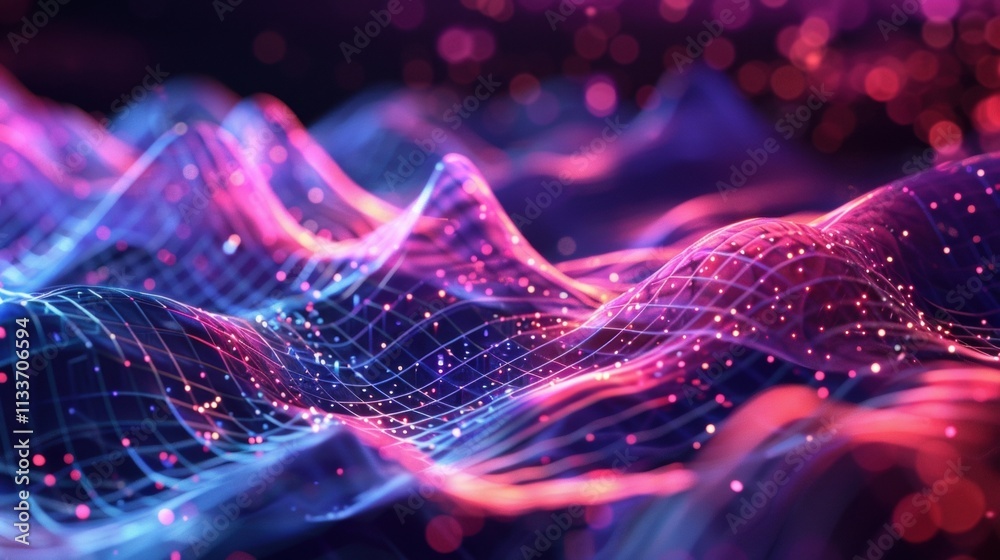 Poster complex network of interconnected nodes forming a dynamic, colorful landscape, symbolizing the flow 