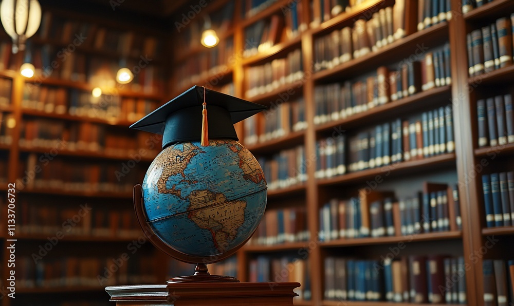 Poster a globe with a graduation cap in a library setting, symbolizing education.