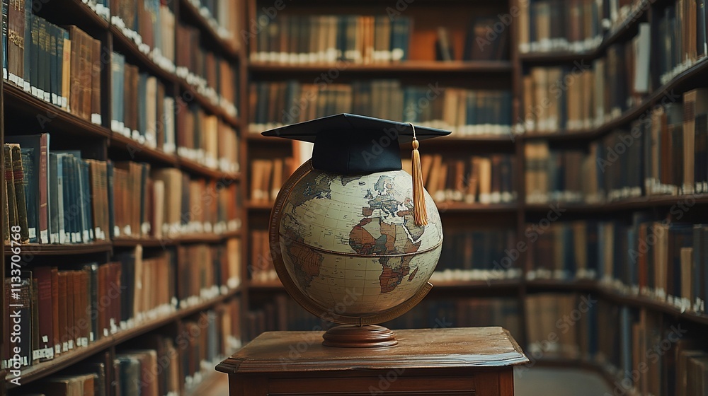 Poster A globe with a graduation cap in a library filled with books.