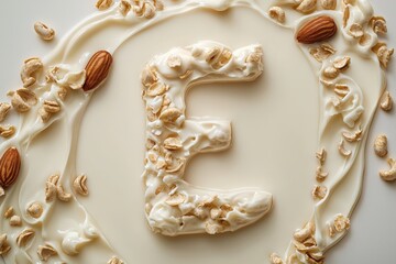 A creative arrangement of almonds and oats forming the letter "E" surrounded by a creamy texture on a light background.