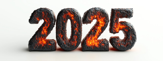 3D lava-created text 2025 with perspective angle on white background.