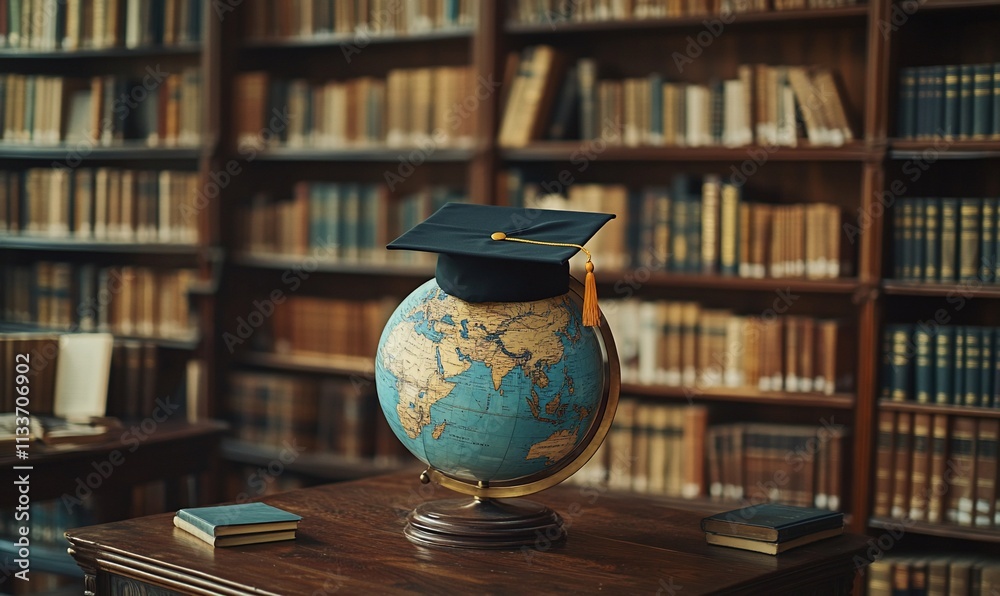 Poster A globe with a graduation cap in a library setting.