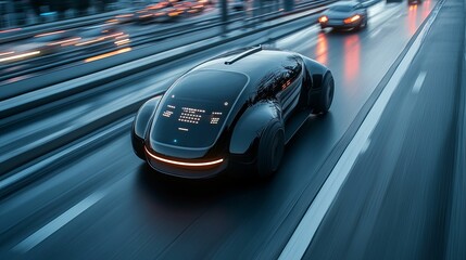 Futuristic Black Autonomous Vehicle Driving on Highway