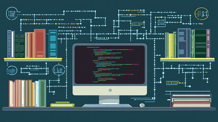 flat vector illustration of abstract work desk with computer, books, and coding elements. design conveys modern workspace atmosphere
