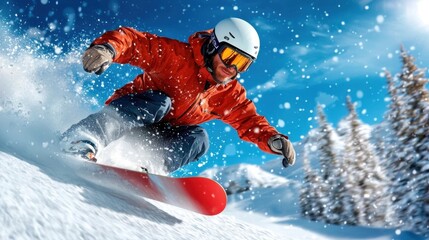 Determined skier in bright red jacket carving through the snowy mountain landscape with passion and skill demonstrating the thrill and excitement of the winter sport of skiing