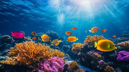 Naklejka premium Vibrant Coral Reef With Colorful Fish Swimming