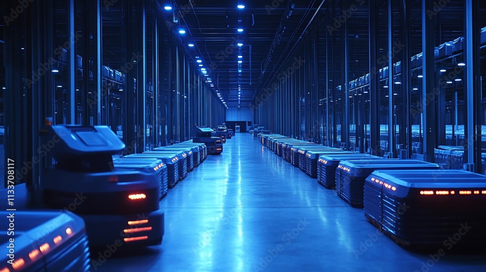 Poster A high-tech warehouse with automated robots navigating a blue-lit environment.