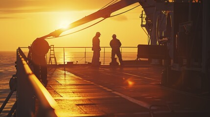 Two workers stand silhouetted against a vibrant sunset on the deck of a large cargo ship at sea.