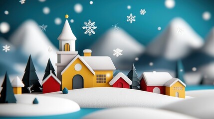 Idyllic winter landscape with a picturesque village of snow covered houses a church steeple and mountains in the distance creating a charming and magical Christmas scene