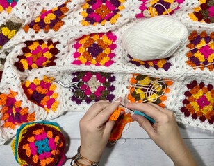 Crocheting granny square blanket process and woman's hands hobby handmade handiwork clews and hook cozy winter autumn fall photo