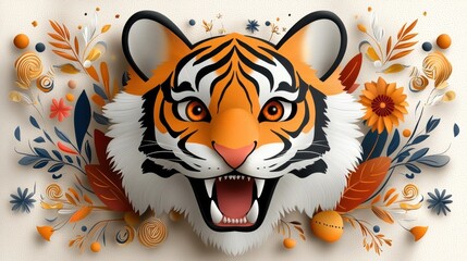 Fierce Bengal Tiger Roaring with Bared Fangs and Claws Against a Vibrant Decorative Autumn Floral and Leaf Background