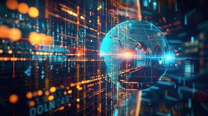 Obraz premium Complex data processing system managing global information streams, visualizing connections and data flow across continents with futuristic digital globe
