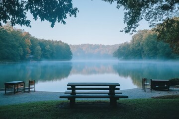 Obraz premium Serene misty morning lake view with picnic table and benches on sandy shore, surrounded by lush green trees.