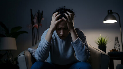 Person sitting in a dimly lit room, holding head with both hands, looking distressed. Symbolizing stress and mental strain due to a nerve disorder.