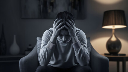 Person sitting in a dimly lit room, holding head with both hands, looking distressed. Symbolizing stress and mental strain due to a nerve disorder.