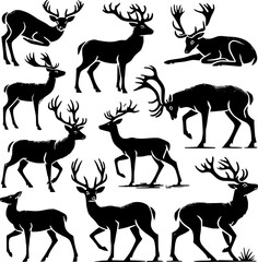 Fototapeta premium Deer silhouette set. Deer black and white silhouette set - vector collection of wild animals detailed outlines