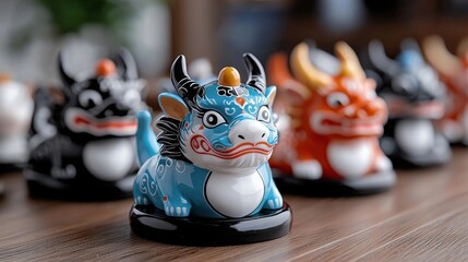 Fototapeta premium Colorful handcrafted ceramic dragon figurines in various mythological designs and oriental styles arranged on a rustic wooden table or shelf
