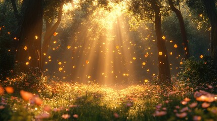 Naklejka premium Golden sunlit forest, falling leaves, floral meadow.