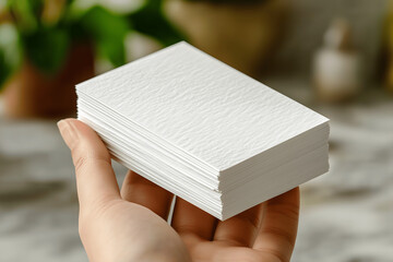 Close-up view of a stack of blank white business cards with a textured surface, ideal for showcasing branding, business identity, or design mockups