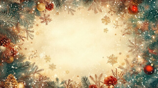 Festive Winter Border with Pine Branches, Ornaments, and Snowflakes - Copy Space
