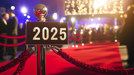 Gold colored 2025 standing on a red carpet, red carpet event concept.