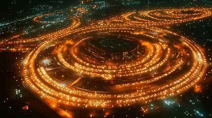 Nighttime Aerial View Of A Citys Complex Highway System