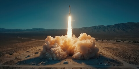 A rocket launches into the sky, leaving a trail of smoke and fire, set against a vast desert landscape under a clear blue sky.