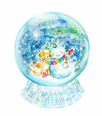 スノードーム　雪だるまと犬　手描き　