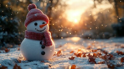 Obraz premium Winter Wonderland Character: Happy Snowman Wearing a Bright Red Hat and Scarf – Ready for Your Design Needs