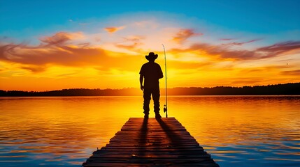 Silhouette of a Man Fishing on a Wooden Dock at Sunset, Golden Reflections on Calm Lake Water, Vibrant Sky of Orange and Blue Hues, Peaceful Evening Scenery