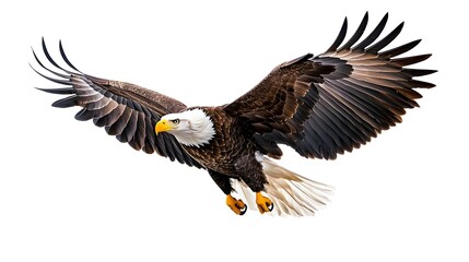 Obraz premium Majestic Bald Eagle in Flight with Fully Extended Wings and Intense Gaze, Symbolizing Freedom and Strength Against a Minimalist White Background