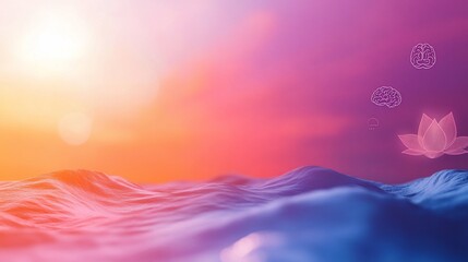 Serene sunset landscape with floating lotus and brain icons.
